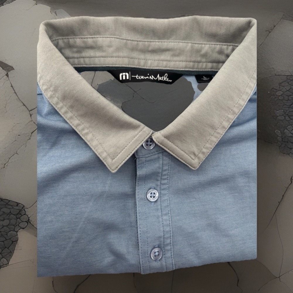 Travis Mathew Polo Shirt Mens L  Blue Gray Collared Short Sleeve